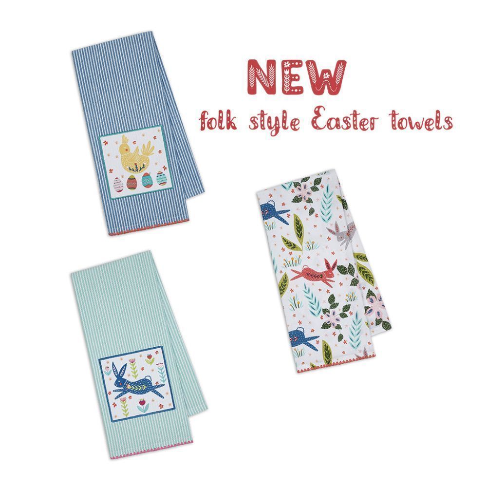 Design Imports Set of 3 Easter Folk Art Design Towels Cotton 18 x 28 Striped